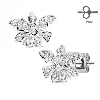 Clous d'oreille fleur en acier � six p�tales serties (paire)