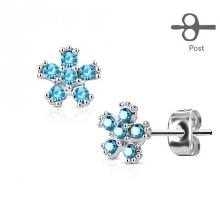 Clous d'oreille fleurs en acier p�tales de pierres bleues aqua (paire)