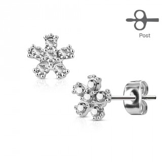 Clous d'oreille fleurs en acier p�tales de pierres claires (paire)