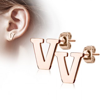 Clous d'oreille lettre alphabet V en acier cuivr� (la paire)