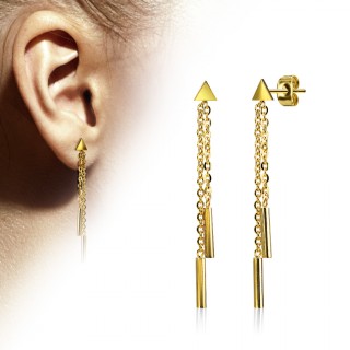 Clous d'oreille acier dor� � triangle et cylindres enchain�s