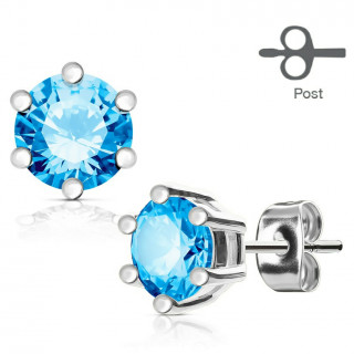 Clous d'oreille acier gemme aqua couronn�e (paire)