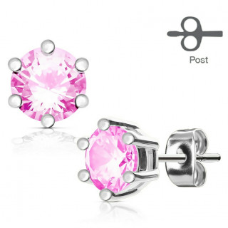 Clous d'oreille acier gemme rose couronn�e (paire)