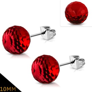 Clous d'oreille acier � perles de verre rouge facett�es