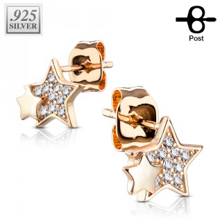 Clous d'oreille argent cuivr� � duo d'�toiles pav� de zirconiums (la paire)