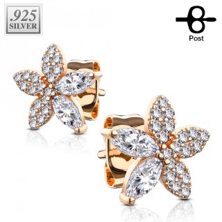 Clous d'oreille argent cuivr� � fleur pav�e de zirconiums (la paire)
