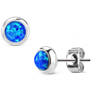Clous d'oreille en acier argent� � opale bleue