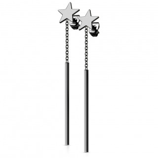 Clous d'oreille en acier Noir �toile � barre suspendue par une chainette