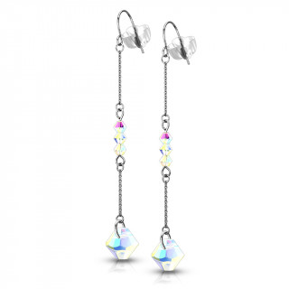 Clous d'oreilles acier � chaines doubles et perles prismes (paire)