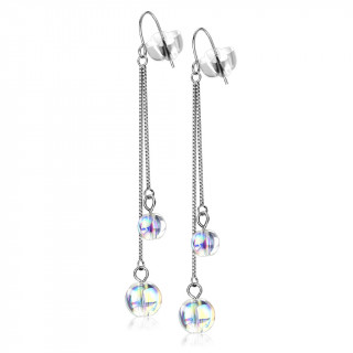 Clous d'oreilles acier � chaines et perles iridescentes (paire)