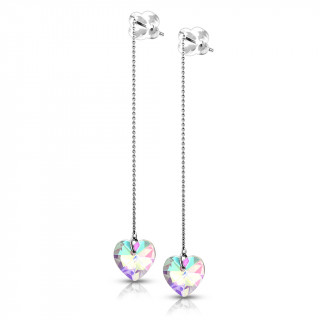 Clous d'oreilles acier � chaines traversantes et coeurs iridescents (paire)