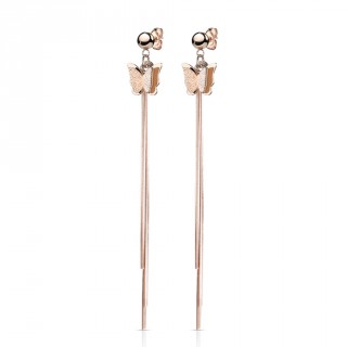 Clous d'oreilles acier cuivr�s � papillon et chainettes (paire)
