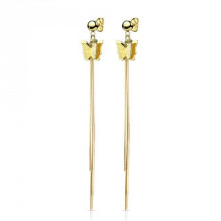 Clous d'oreilles acier dor�s � papillon et chainettes (paire)
