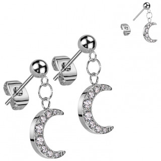 Clous d'oreilles acier � lune suspendue sertie de zirconiums (paire)