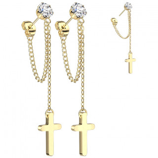 Clous d'oreilles Dor�s en acier � zirconium et croix enchain�es