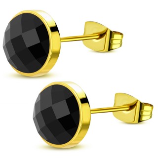 Clous d'oreilles dor�s ronds � pierres noires facett�es