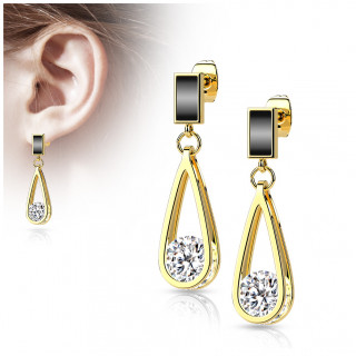 Clous d'oreilles en acier Dor� � rectangle �maill� noir et goutte strass