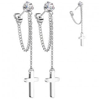 Clous d'oreilles en acier � zirconium et croix enchain�es (Paire)