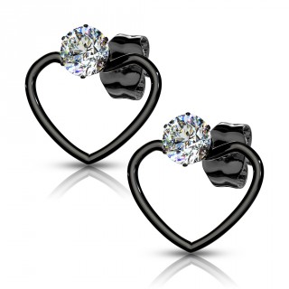 Clous d'oreilles noirs sertis en acier � coeur ouvert