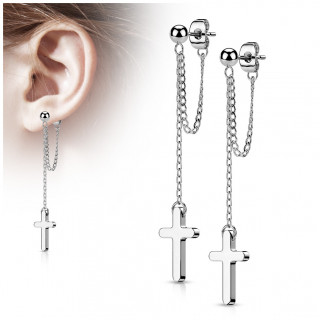 Clous d'oreilles perl�s en acier Argent� � double cha�ne et croix