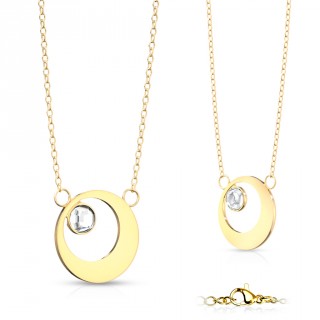 Collier acier dor� � lune ferm�e et strass