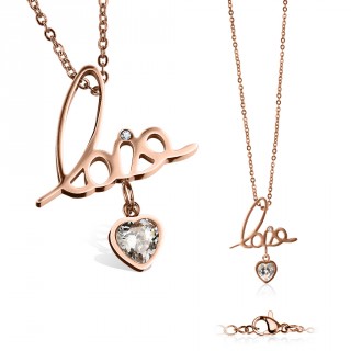 Collier femme acier cuivr� � monogramme Love et coeur suspendu