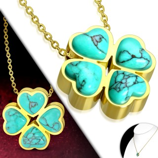 Collier femme acier dor� � tr�fle de turquoises en coeurs