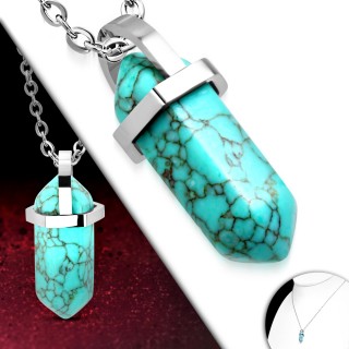 Collier femme acier � turquoise taill�e en h�xagone