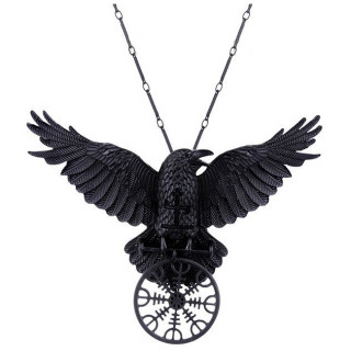 Collier nordique noir � corbeau et symbole "Heaume de Awe" - Restyle