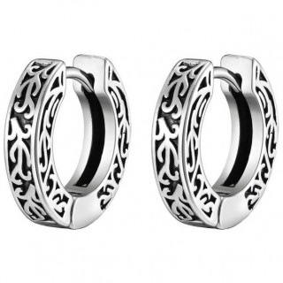 Cr�oles argent�es en acier orn�es de motifs tribaux ajour�s (paire)