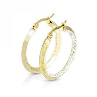 Cr�oles dor�es en acier � gravure labyrinthe et int�rieur strass (paire)