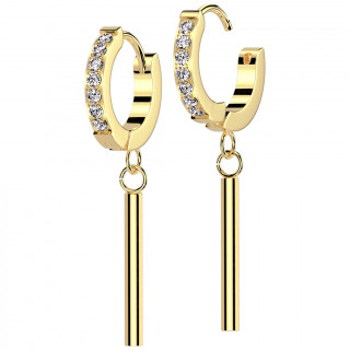 Cr�oles dor�es en acier orn�es de cristaux de zirconium avec pendentif barre