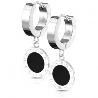 Cr�oles en acier Argent� � cadran chiffres romains noir suspendu (paire)