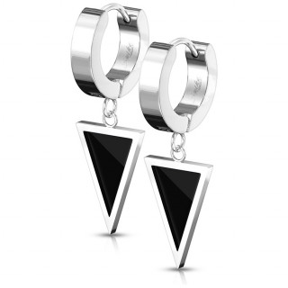 Cr�oles en acier Argent� � triangle emaill� noir suspendu (paire)
