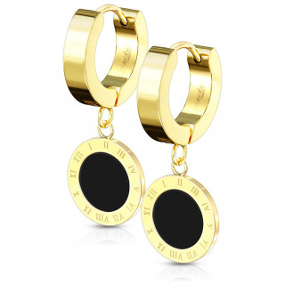 Cr�oles en acier Dor� � cadran chiffres romains noir suspendu (paire)