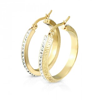 Cr�oles en acier dor� � gravure labyrinthe et pav�es de strass (paire)