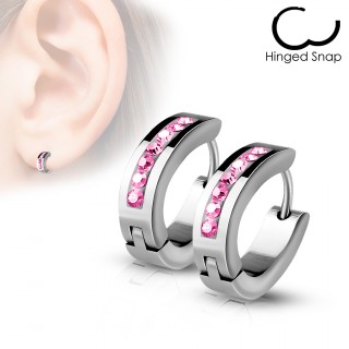 Fines boucles d'oreilles en acier � 7 cristaux roses (paire)
