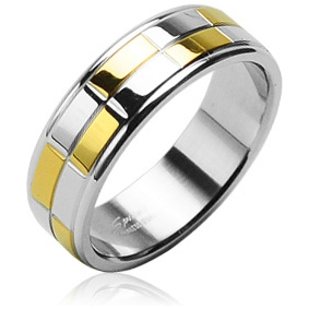 Bague mixte acier damier dor� et argent�