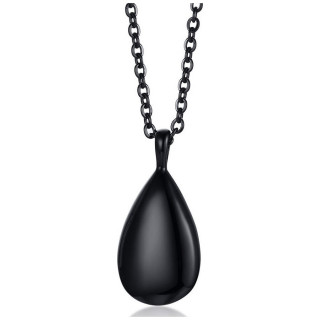 M�daillon noir en forme de larme / goutte en acier (chaine incluse)