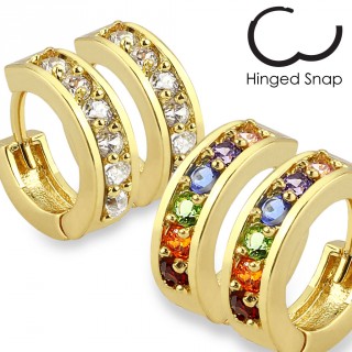 Paire de boucles d'oreilles en acier dor� avec rainure sertie