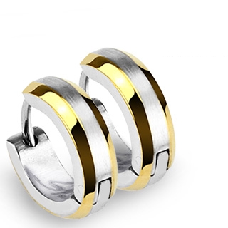 Paire de boucles d'oreilles mixtes acier � bords dor�s et bizeaut�s