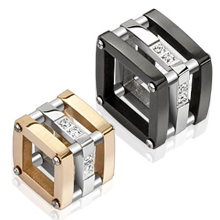 Paire de pendentifs acier cubes structur�s pav� de pierres