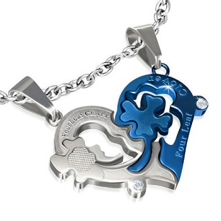 Paire de pendentifs acier moiti�s de coeur avec tr�fle