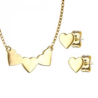 Parure acier dor� � coeurs (collier et boucles d'oreilles)