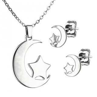 Parure acier inox � lune �toil�e (collier et boucles d'oreilles)