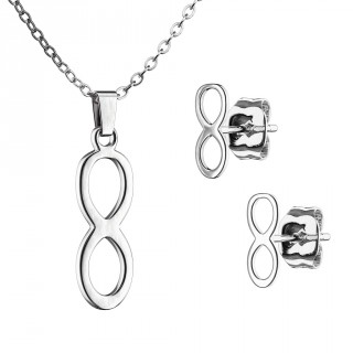 Parure acier inox � symbole infini (collier et boucles d'oreilles)