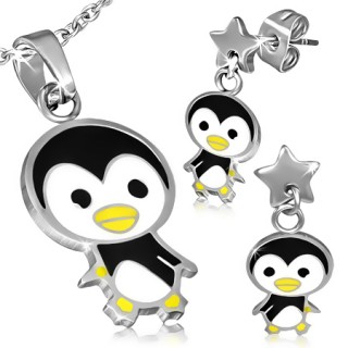 Parure pendentif et boucles d'oreilles � pinguin