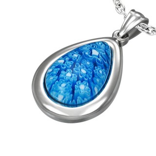 Pendentif acier � goutte fleurie bleue en verre style murano