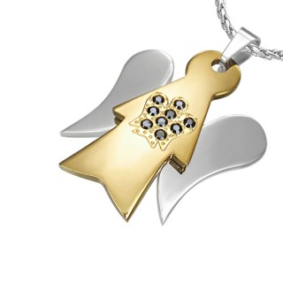 Pendentif acier ange dor� et argent� � pierres noires