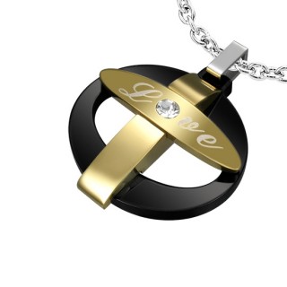 Pendentif acier anneau noir avec croix dor�e � inscription "love"